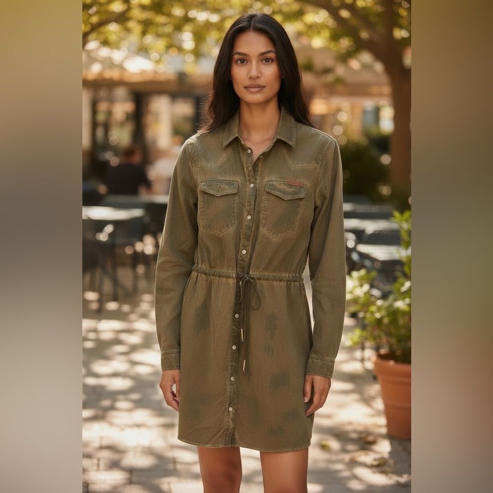 Golden Goose Military Green Distressed Shirt Dress 100% Cotton, Size S